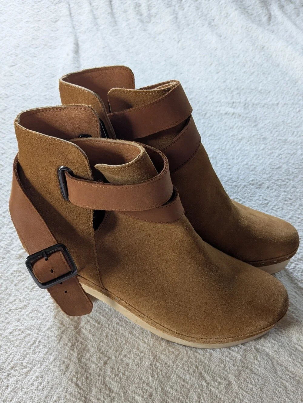 Free People Bungalow Wooden Clog Ankle Boot Strap Suede Sand Sz 39